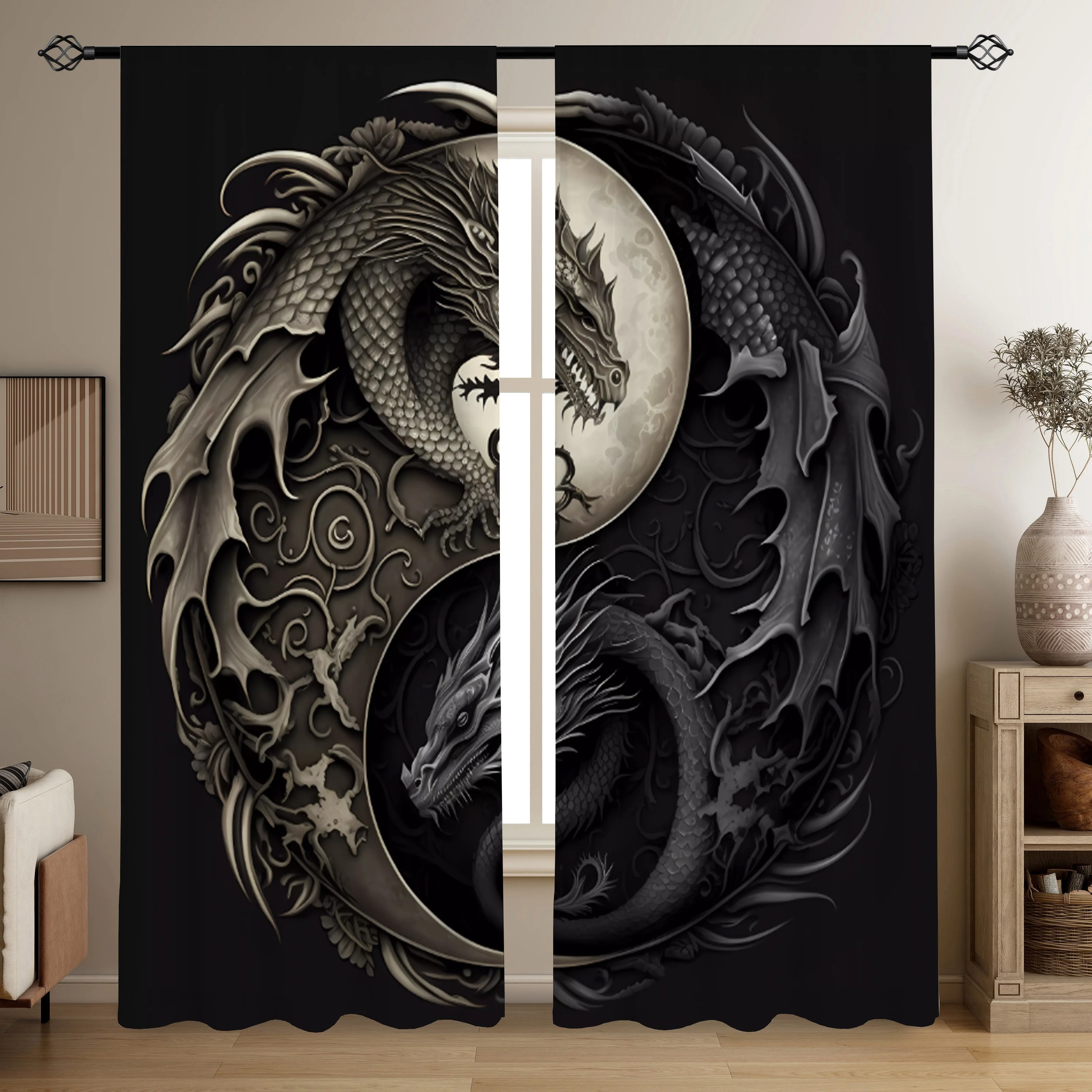 Dramatic Dragon Yin Yang Curtain Pair Black Asian Art Fantasy Window Drapes Gothic Wall Panel for Modern Home Decor