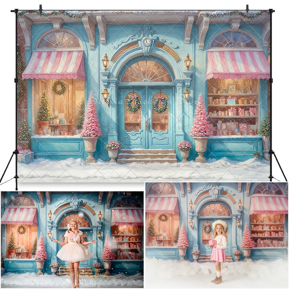 

Snow-Kissed Winter Market Photography Backdrop Christmas Candy Store Photocall Photo Background Kids Portrait Photo Studio Props