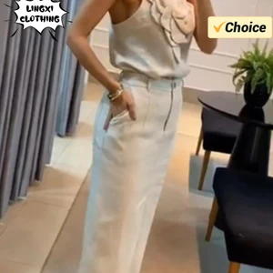 Set von zwei Stücken Baumwoll und weiblicher Hanf, 3D -Gurtbluse, halber Taschenrock, Temperament, Sommermode, neu, 2024 6 Hauptverkaufsflowers 3D - №2