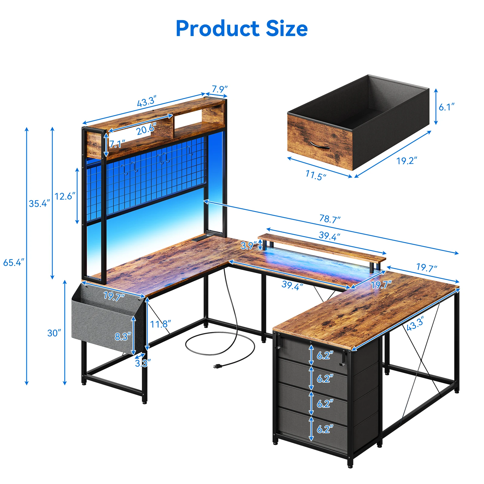 U Shaped Computer Desk with Monitor Stand and LED Lights,Computer Gaming Desk with Storage Shelves,Office Desk with 4 Drawers