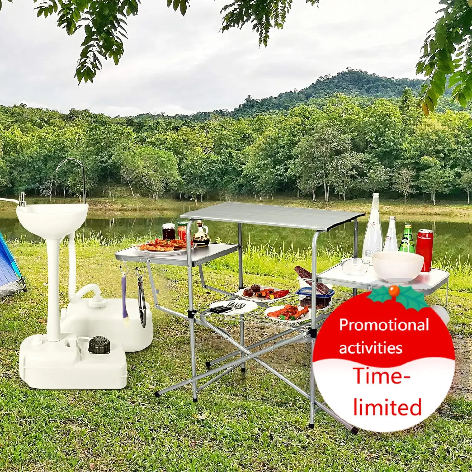 

Folding Grill Table, Aluminum Camping Table with 26'' Main Tabletop, Hooks and Carry Bag, Portable Picnic Table Grill Stand for