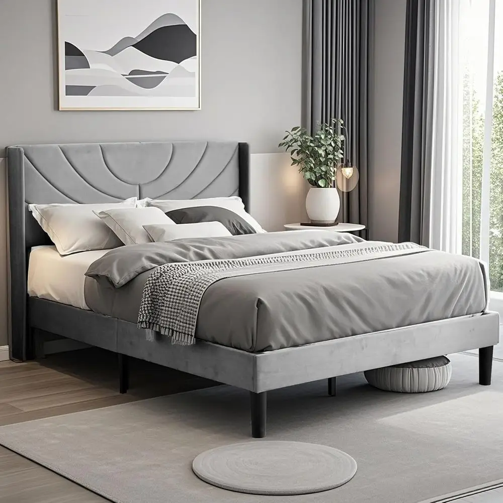 

Upholstered Queen Platform Bed with Fabric Board, Wooden Slat Support, No Box Spring Needed, Mattress Foundation, Gray