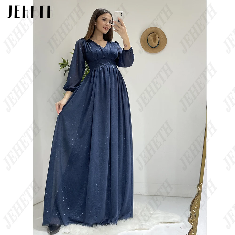 Jeheth Fashion Long Sleeve Evening dress V neck Empire Ball dreJEHETH-Vestidos de Noche de manga larga con cuello en V para mujer, vestidos de graduación Empire, tul, línea A, hasta el suelo, elegantes para mujer, 2023