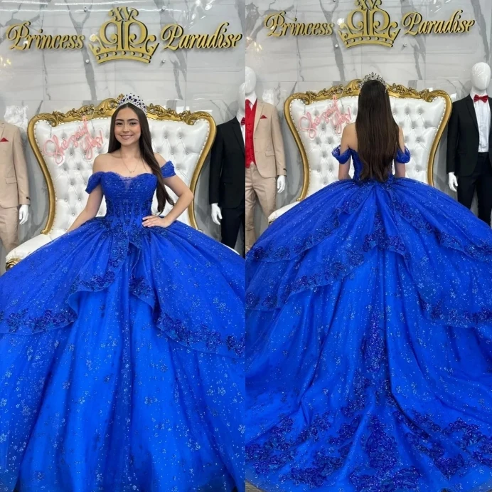 Luxury Royal Blue vestido de princesas Off Shoulder Appliques Sequins Beaded Collar Appliqué Backless vestidos de 15 quinceañera