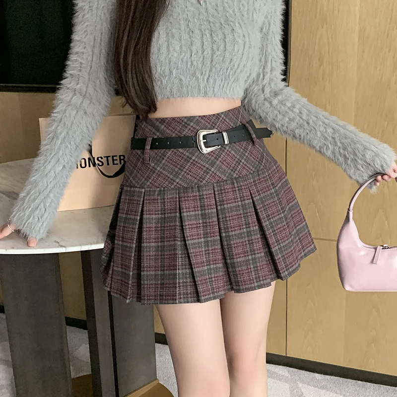 2024 Elegant Fashion Harajuku Slim Fit Female Clothes Loose Casual All Match A-line Short Skirt Lattice High Waist Retro Skirts