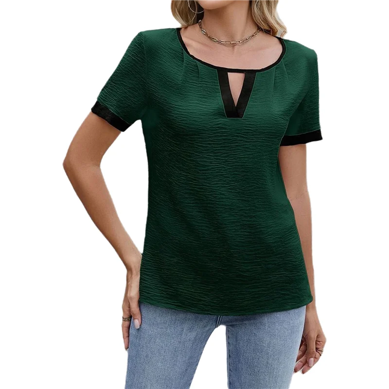 Eleganckie bluzki damskie w stylu casual, biznesowym, do pracy, z blokami kolorów, dekoltem w serek, krótkim rękawem, koszule na lato 2025