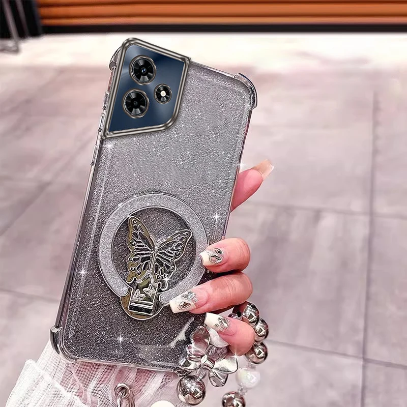 

Hot 30 Butterfly Bracket Lanyard Plating Phone Case For Infinix Hot 60Pro 30i 40 50i 60 30Play 50 9Play Spark 20Pro Cover