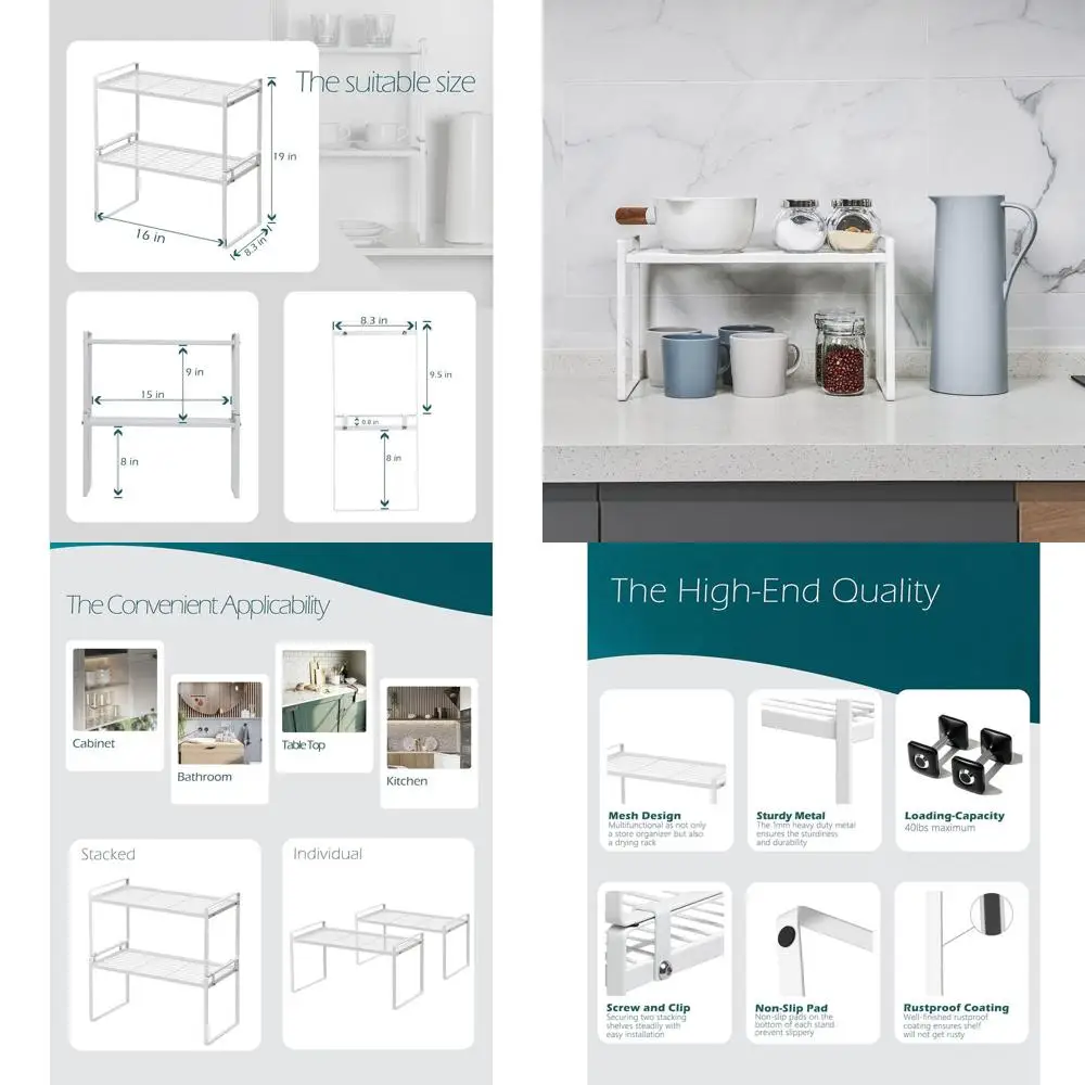 

Компактный стальной стеллаж, 16 дюймов высотой, белый, штабелируемый, устойчивый к ржавчине, сверхпрочный, для шкафа, кухни, кладовой, ванной комнаты, O