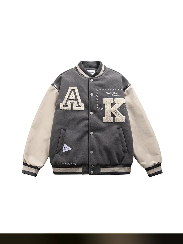 

American Retro Patchwork Embroidery PU Leather Sve Baseball Jaet Loose College Sle Cotton Outerwear Youth Casual Wear