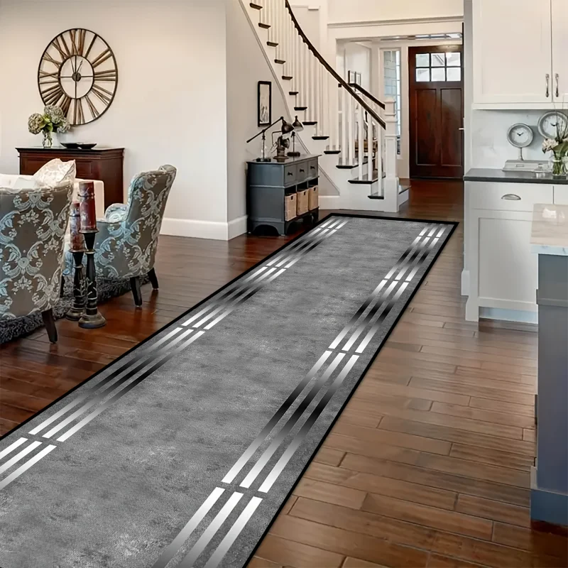 VIKAMA Modern Linear Grey Runner Rug Non-Slip Washable Pet Friendly Floor Mat for Indoor Long Hallway Home Decor
