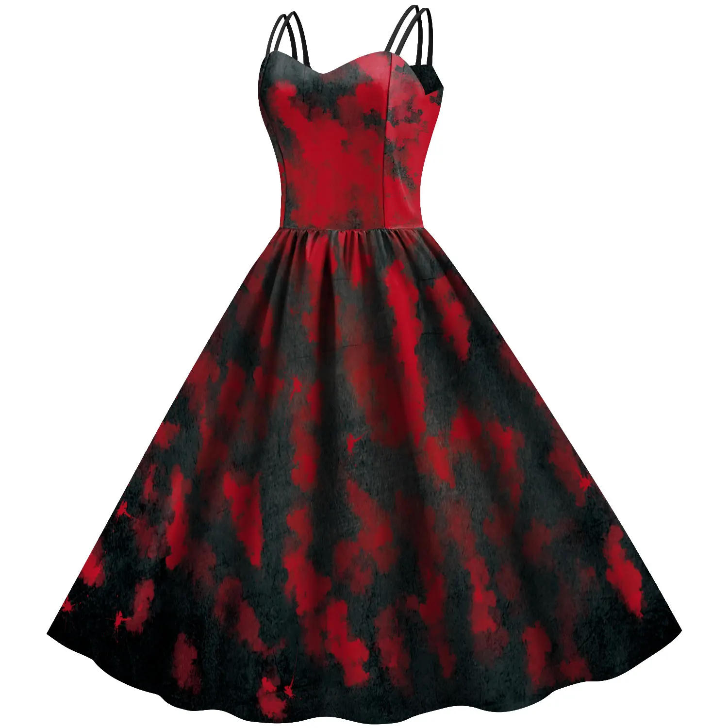 Gothic Women Strap Midi Dress Dark Style Blood Splash Print Swing Dress Black Red Halloween Carnival Party Cosplay Costume