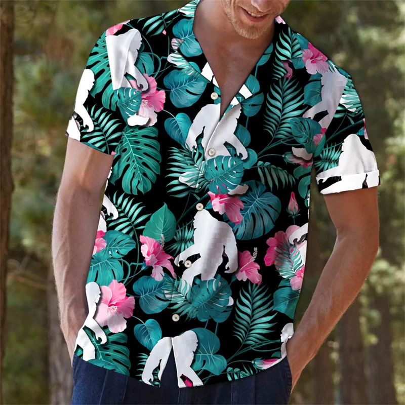 

Fashion Bigfoot Pattern Hawaiian Shirts Summer Trendy Streetwear 3D Printed Blouses Loose Breathable Vacation Mens Shirt Tops