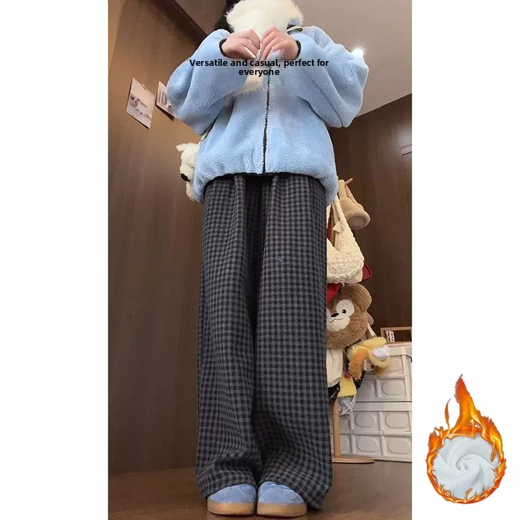 الرجعية ey منقوشة Thiened Fce المرأة مستقيم الساق سراويل تقليدية الخريف الشتاء جديد Sle عالية الخصر واسعة الساق الكورية Sle