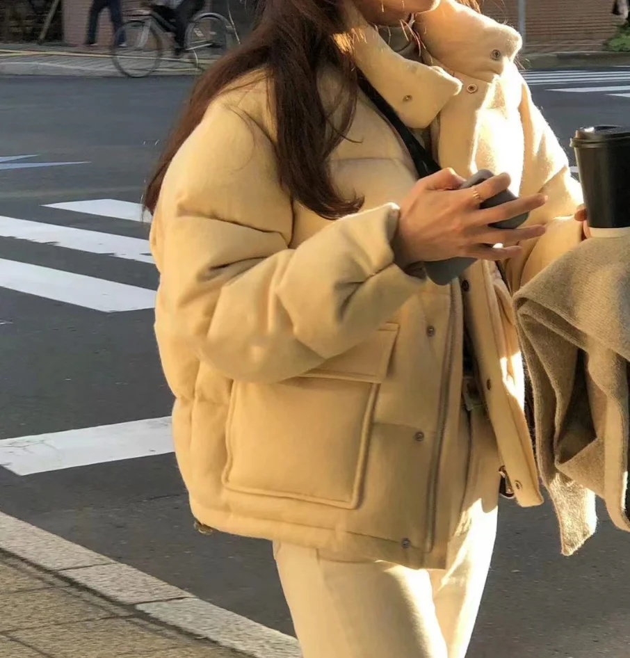 オンス2025 冬用暖かいウールスタンドカラーブレッドダウンジャケットアウターウェアルーズフィットデュダウンコートスリ通勤スレ