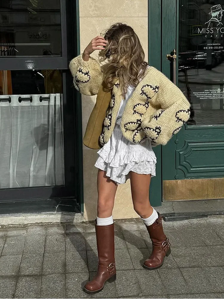 Women Casual Yellow Sheep Print Knit Cardigan Chic V-neck Loose Lantern Long Sleeve Sweater Coats Fall Lady High Street Knitwear