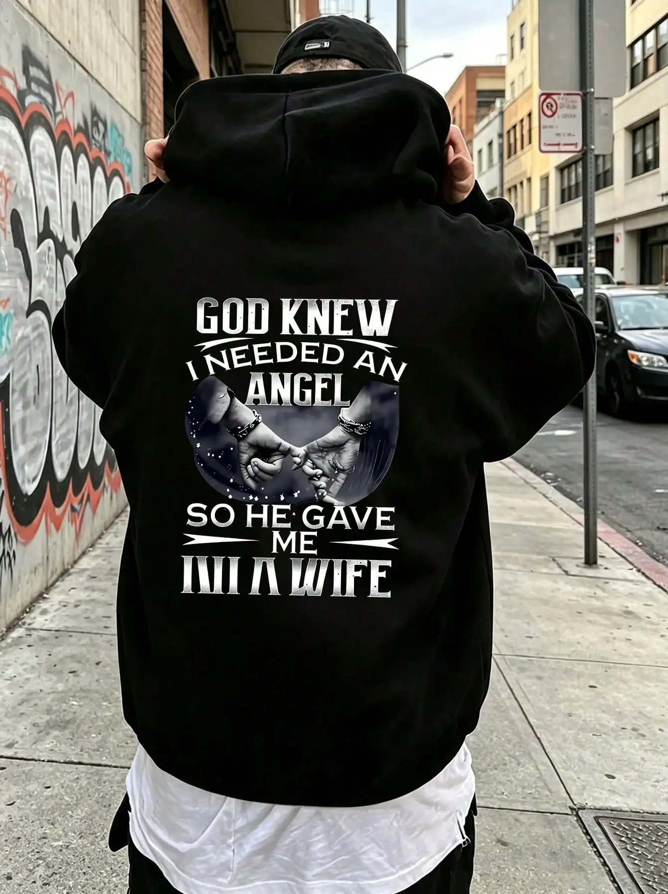 Unisex Hoodie Angel Wife Quote Print Black Hoodie, Hoodies For Men Lightweight Polyester Material, Drawstring, Machine