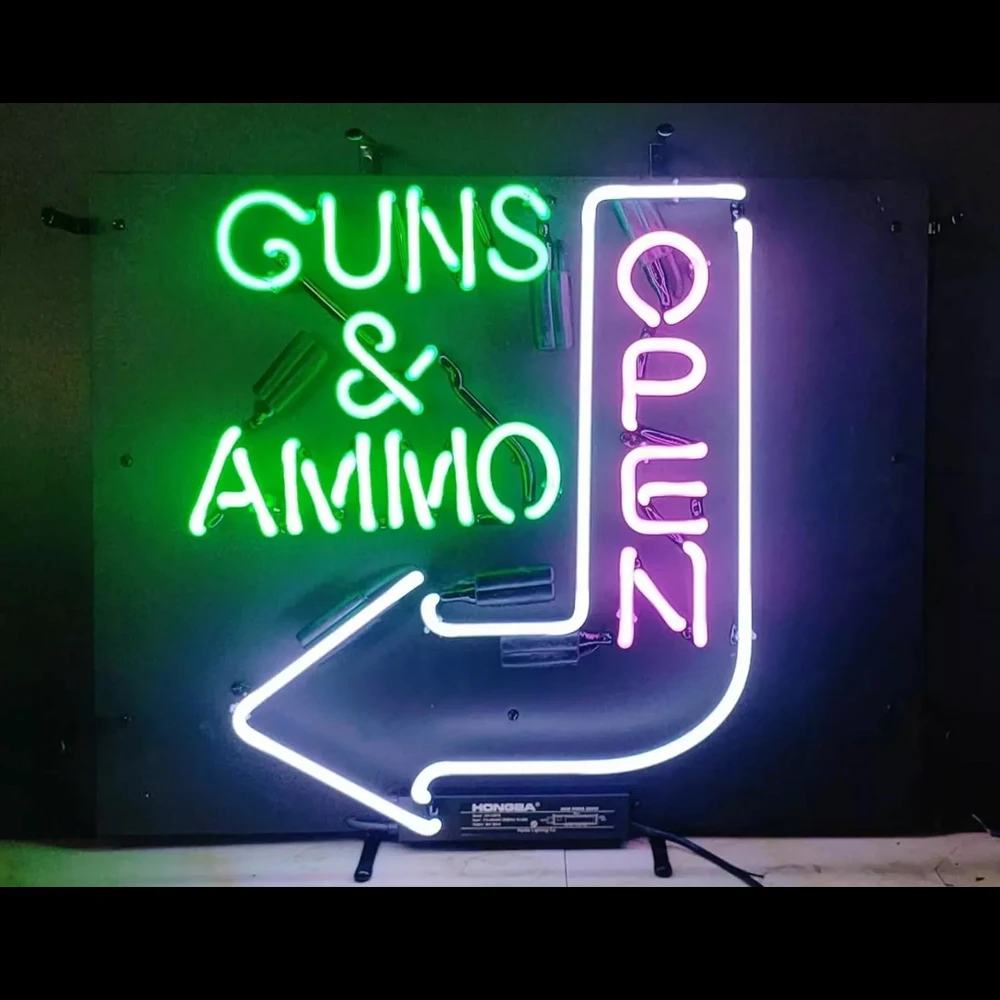 Guns & Ammo Open Arrow Neon Sign Light Custom Handmade Real Glass Tube Store Advertise Room Decor Display Lamp On Wall 14