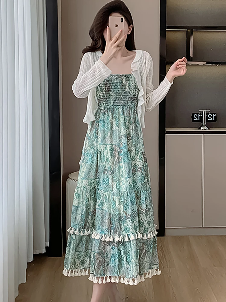 Women Green Print Tassel Chic Sling Long Dress+White Knitted Cardigan Two Piece Sets 2024 Summer New Korean Elegant Dress Suits