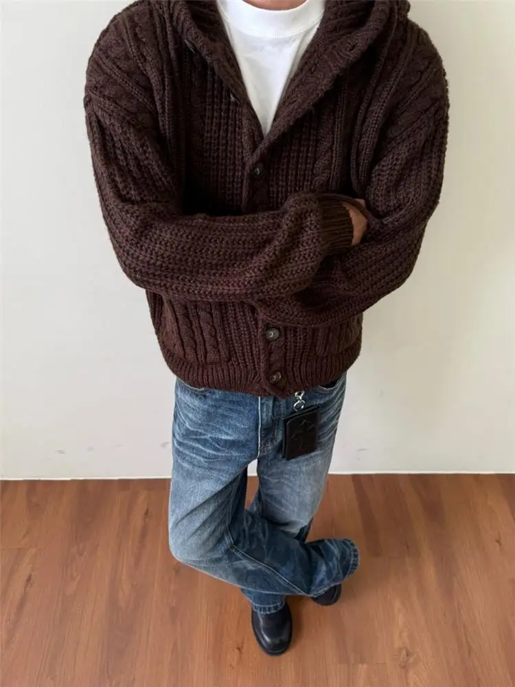 

Laid-ba Sle Вязаный открытый кардиган с капюшоном, свитер с закруткой, осень-зима, повседневный свободный синий джет, модный