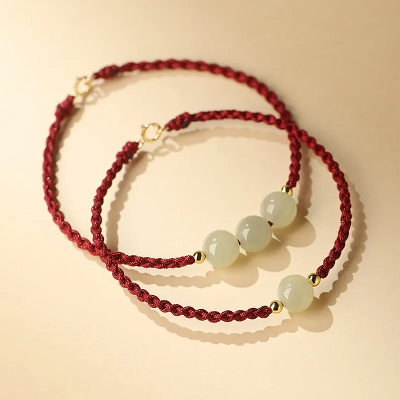 Hetian Jade Women, Red String With Fortune Beads, Men'S Bracelet, Boyfriend