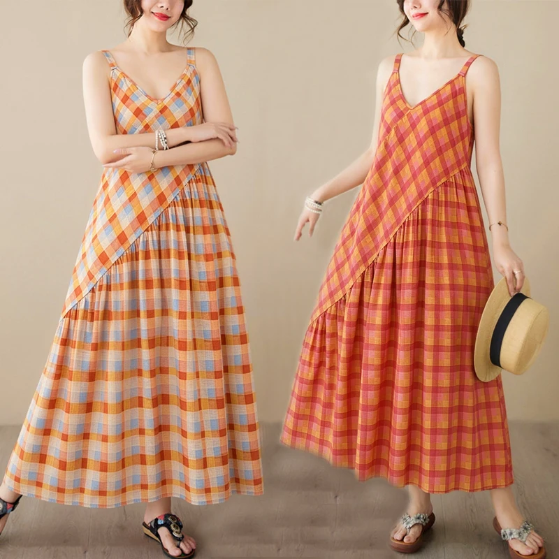 

Bohemian Style V-Neck Waist-Cinched Cotton Linen Long Dress plus Size Plaid Wrap Dress Women High Waist City Walk Skirt