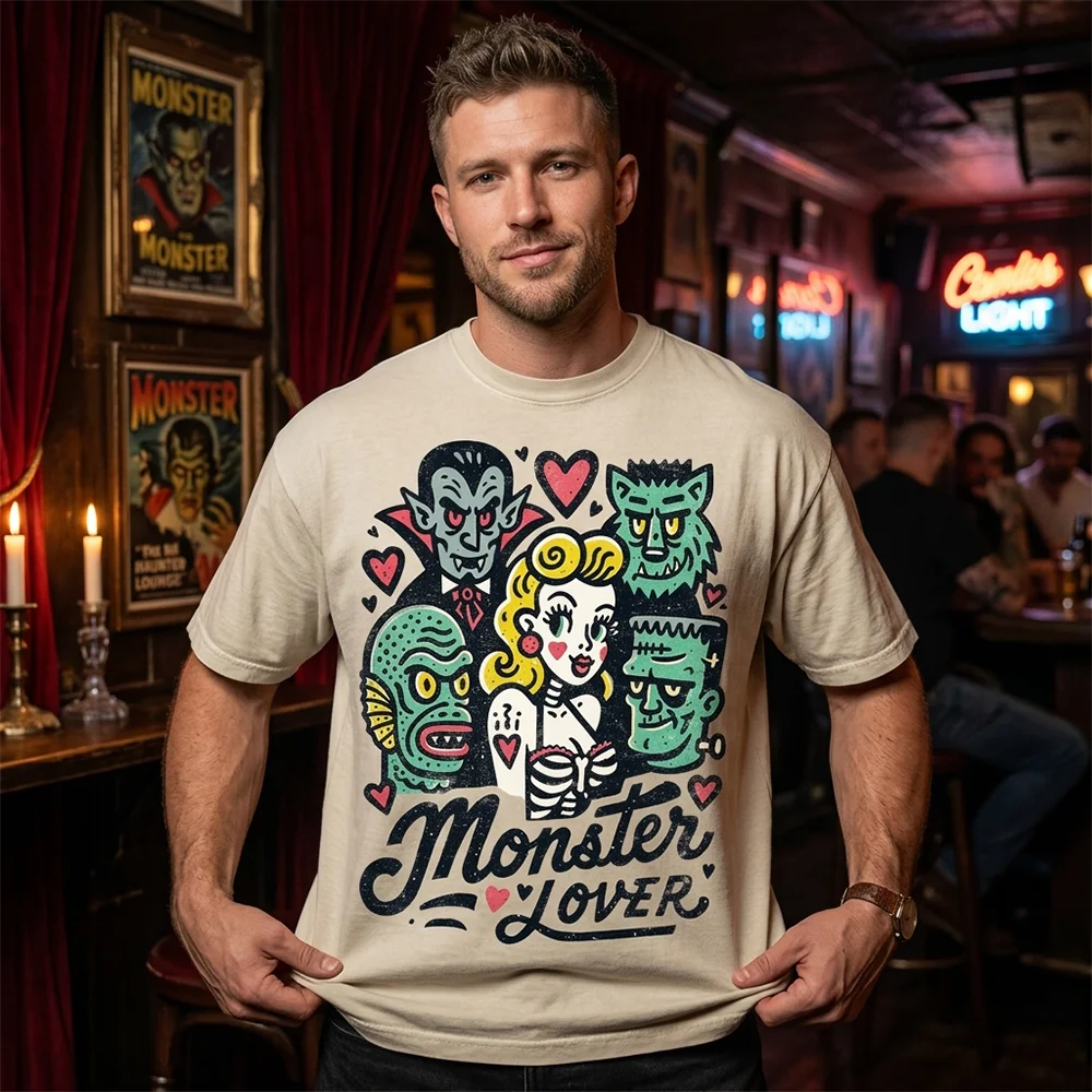 Men Halloween Monster Lover Graphic Print Vintage Washed Short Sleeve T Shirt Crew Neck Casual Oversized Top Gothic Streetwear