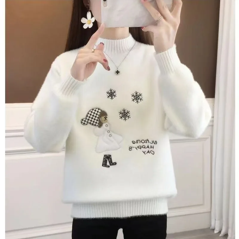 Ladies Autumn Winter Fashion Loose Cartoon Half Open Collar Long Sleeve Knitwear Women All-match Warm Knitting Bottoming Shirt