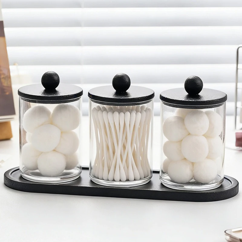 Pot de rangement transparent en acrylique pour coton-tiges avec couvercle noir, anti-poussière, organisateur de salle de bain pour tampons de maquillage, boules de coton, fil dentaire et cure-dents