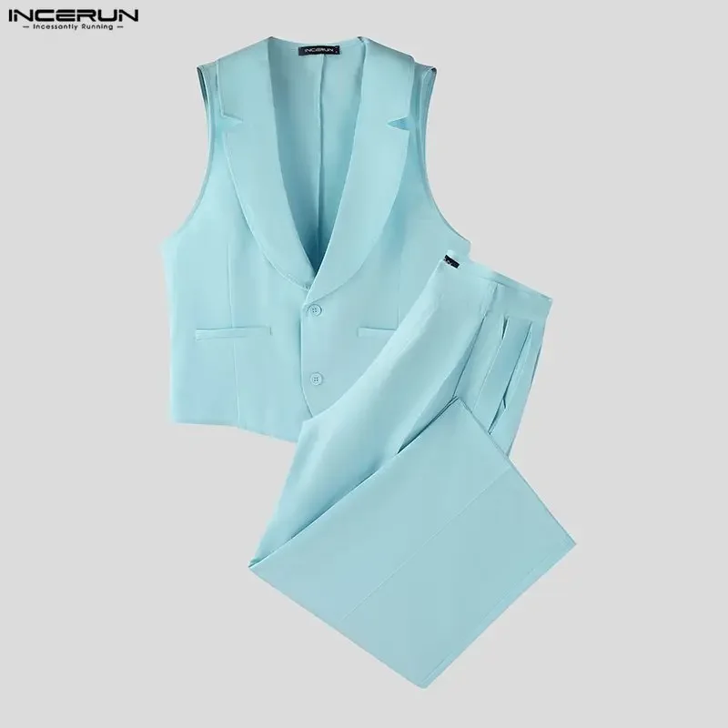 INCERUN Men Sets Solid Color V Neck Sleeveless Vests & Pants With Belt Two Pieces Sets Streetwear Elegant 2026 Fashion Men Suits view 2