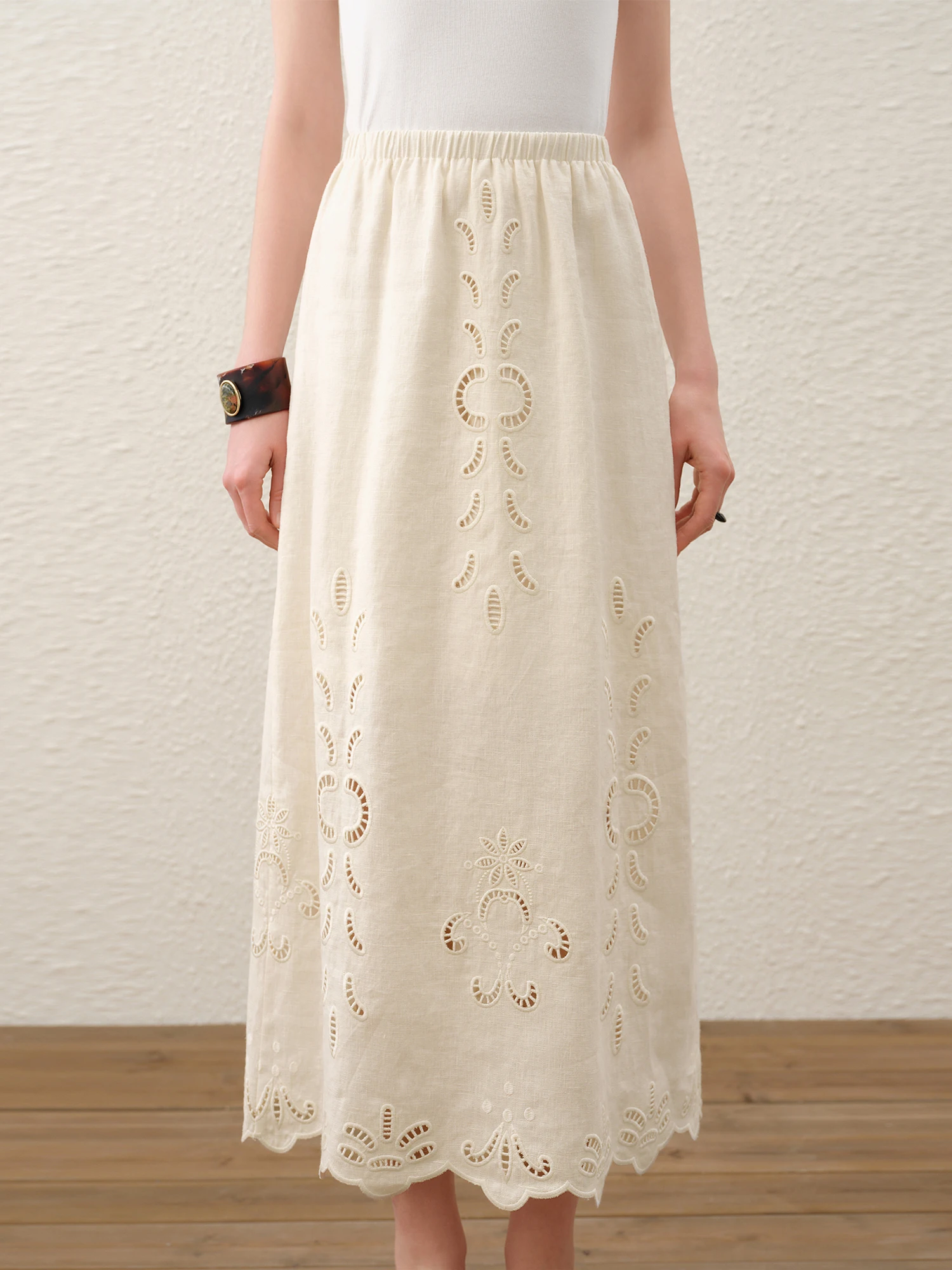 FSLE【Premium Series】Summer Women Linen Two Piece Set Cut-Out Embroidered Sleeveless Top Midi Skirt Boho Beach Vacation Style