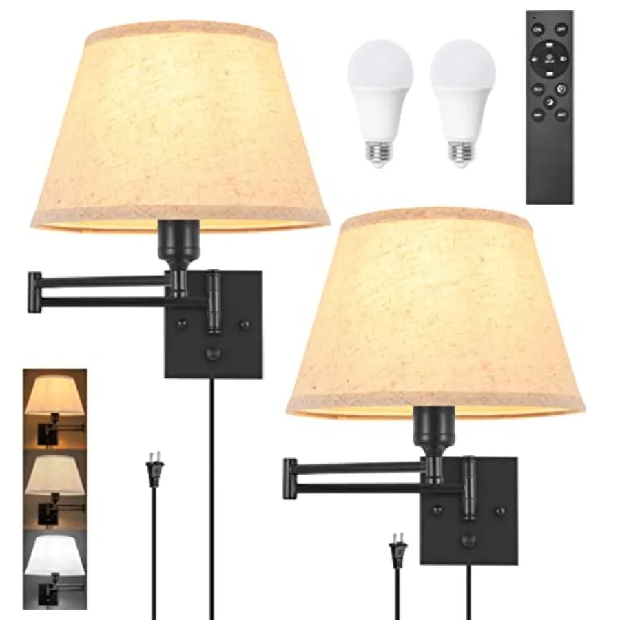 

Wall Sconce Plug in Remote Control Dimming 10-100% and Adjustable Color Temperature 2700K-6500K Swing Arm Wall Lights with Plug