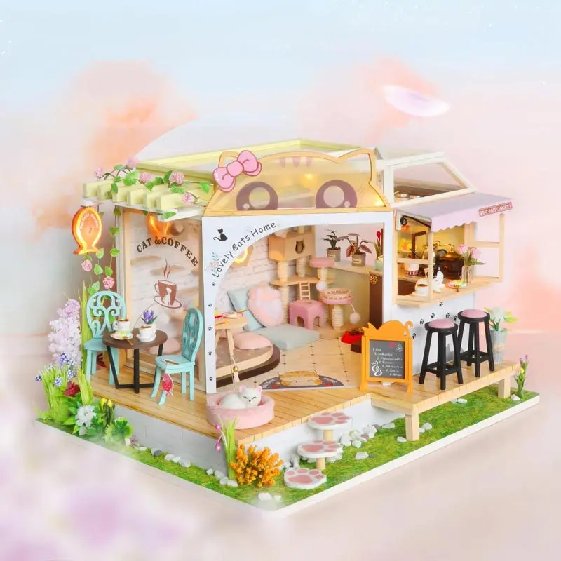 

Dollhouse Cat Coffee Backyard Garden Wooden Doll Houses Miniature Building Kits with Furniture Dessert Shop Handmade Craft Gifts