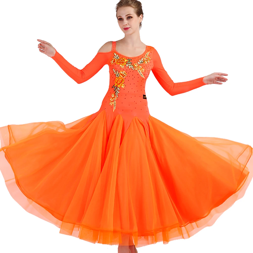 Party Ballroom Dress Decal Flamenco Dress Strap Waltz New Dress Competition Orange Long Sleeve Without Back