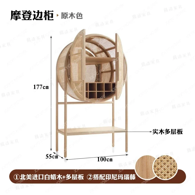 TTTTliving Room Bed And Breakfast Bedroom Storage Cabinet Retro Nordic Solid Wood Rattan Circular Locker Simple