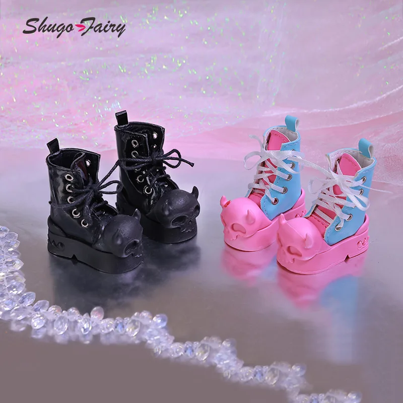 Shuga Fee Halloween Duivel Schoenen Voor 1/4 Slanke Una Bjd Pop Mini Speelgoed Hoge Laarzen Zwart En Roze Kleuren Schoenen WX4-299