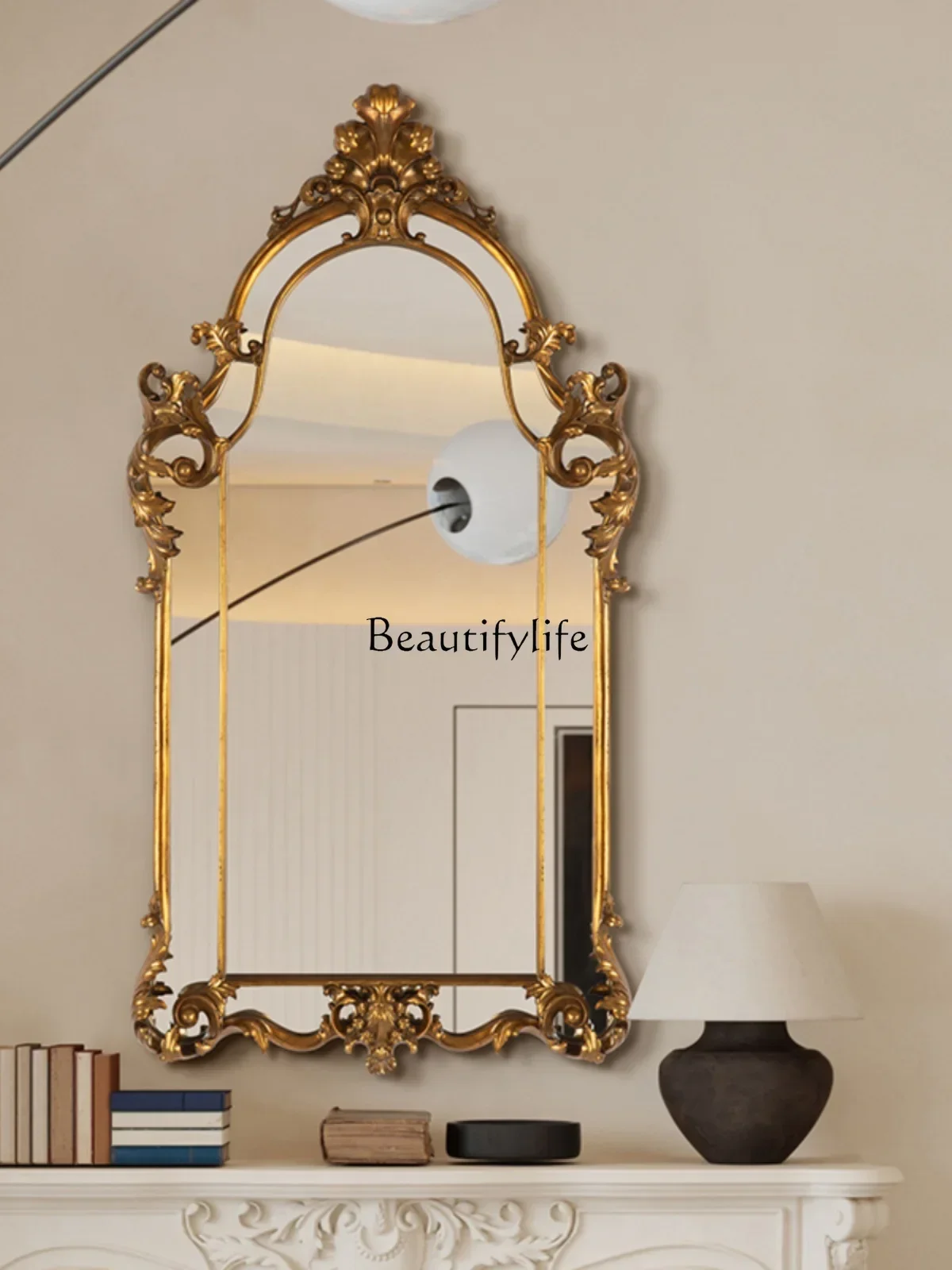 

French Vintage Style Bathroom Wall-Mounted Cosmetic Mirror Carved Fireplace Decorative Mirror