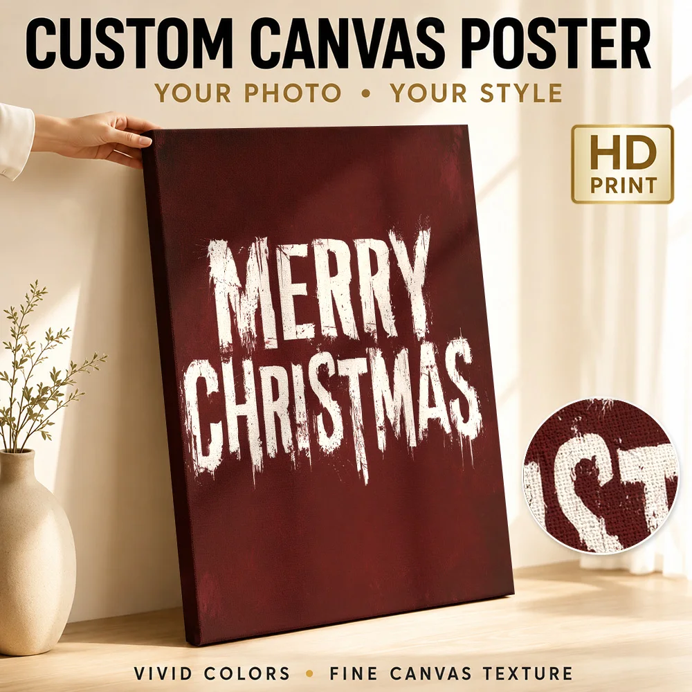 Merry Christmas Gothic Quote Wood Framed Canvas Poster Customized Photo Bold Typography Wall Art For Living Room Holiday Gift
