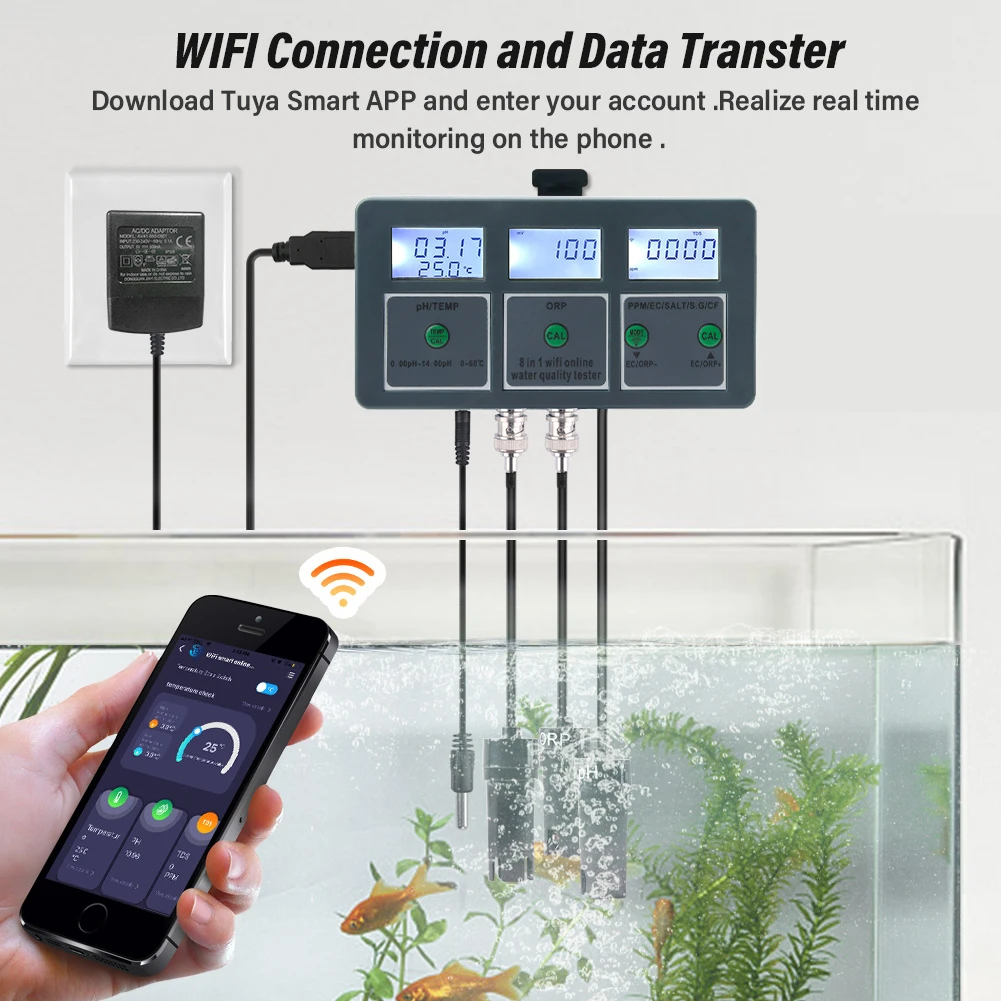 YAGO 8 in 1 WiFi Aquarium Water Quality Tester Smart PH Meter ORP/TDS/EC/SALT/TEMP Monitor for Drinking Water Swimming Pool