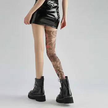 女士性感印花緊身褲假刺青牡丹褲襪女性視角網眼緊身褲尼龍襪 10 最佳銷售 紋身緊身褲 - №6