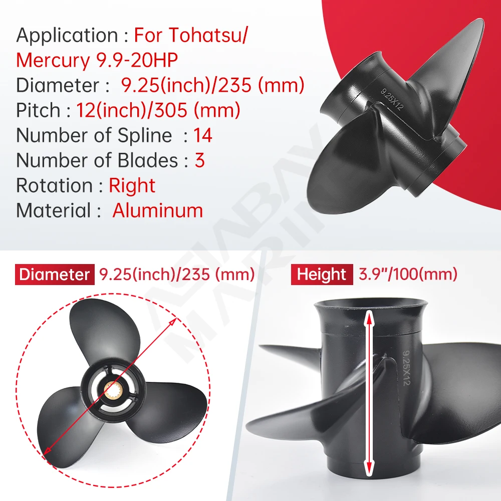 3BAB645251 For Tohatsu Mercury 9.9 12 15 18 20 HP 9.25 X 12 Aluminum Alloy Marine Propeller 3Blades with 14 Spline - Outboard