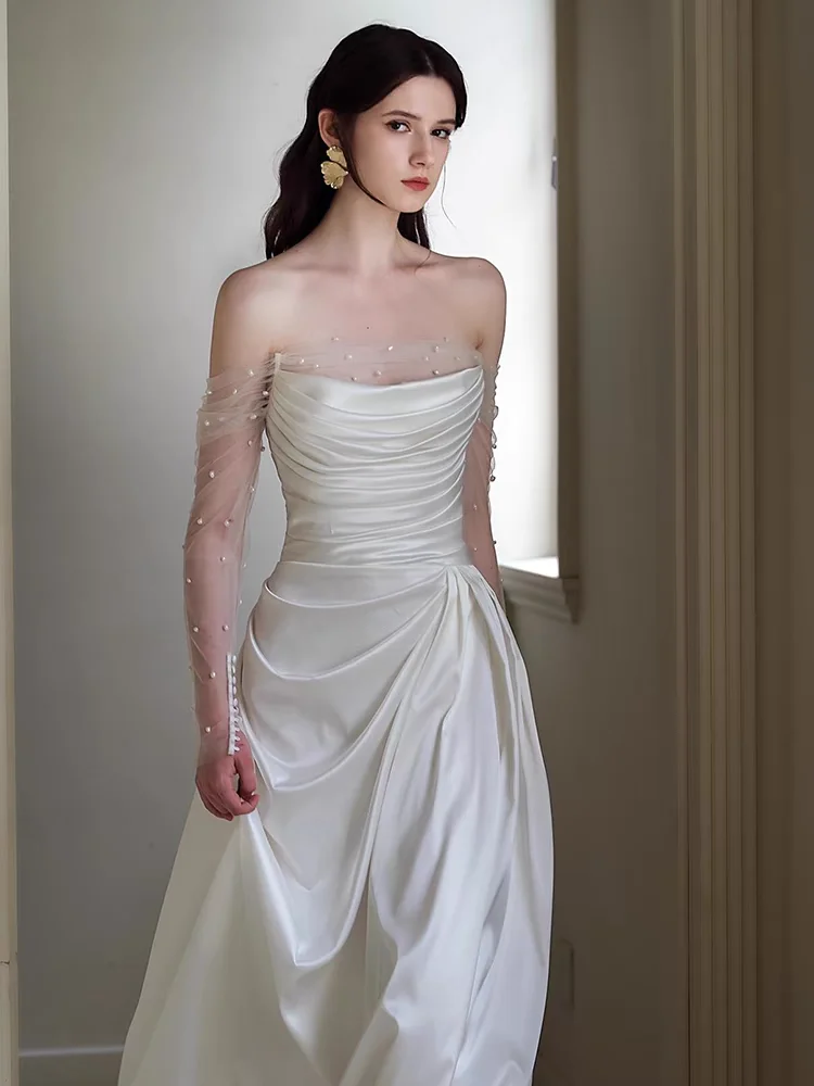 White Satin Evening Dress Lace Bride-to-be Gown Wedding Reception Dress Long Sleeve Floor Length Fashionable mid Waist