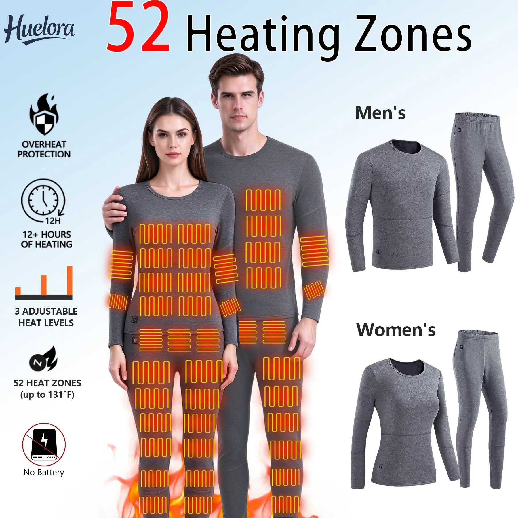 Huelora Heated Thermal Underwear Set for Men Women 52 Heating Zones Electric Heated Long Johns 3 Adjustable Temp Winter Warm