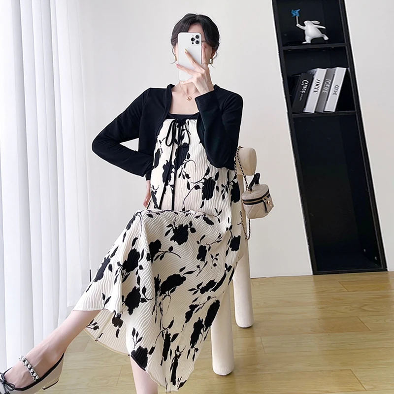 

Autumn Pregnant Women Printed Strap Dress+Long Sleeve Knitted Cardigans Coat Two Piece Set Fashion Maternity Dress Suits Twinset