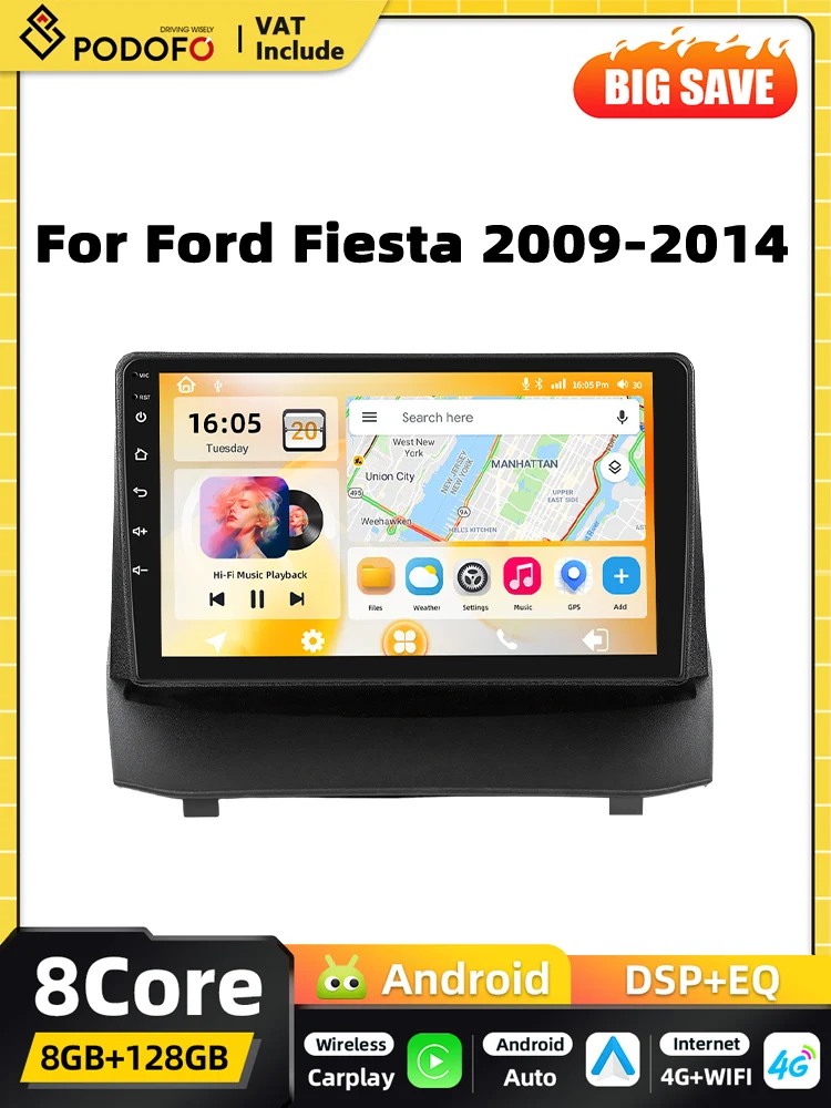 Podofo AI Voice Carplay 2DIN Android Autoradio für Ford Fiesta 2009 2010-2014 Intelligente Systeme GPS WIFI FM RDS BT Autoradio