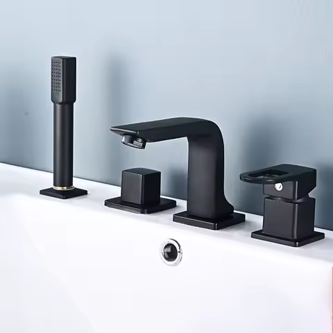 Bathroom Basin Faucet Widespread Bathtub Faucet Sink Mixer Tap 4-Holes Tub Filler with Pull Out Shower Sprayer Deck/Wall Mount