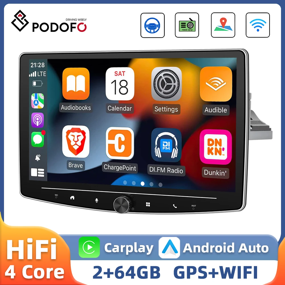 Podofo 10'' 2+64G Car Radio 1Din Multimedia Player Carplay Android Auto GPS Navigation WIFI Bluetooth HiFi 4Core FM Car Stereo