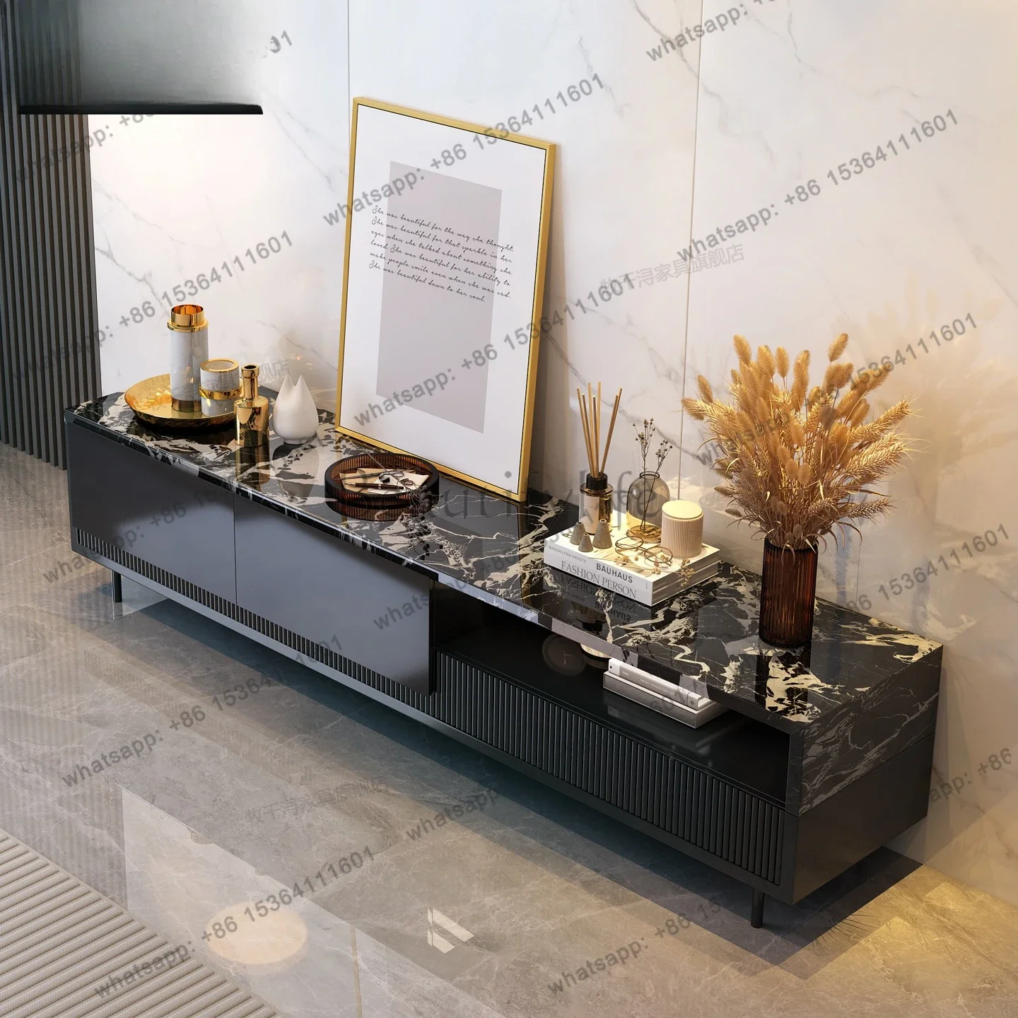 

D25Italian marble TV cabinet living room high-end black floor cabinet