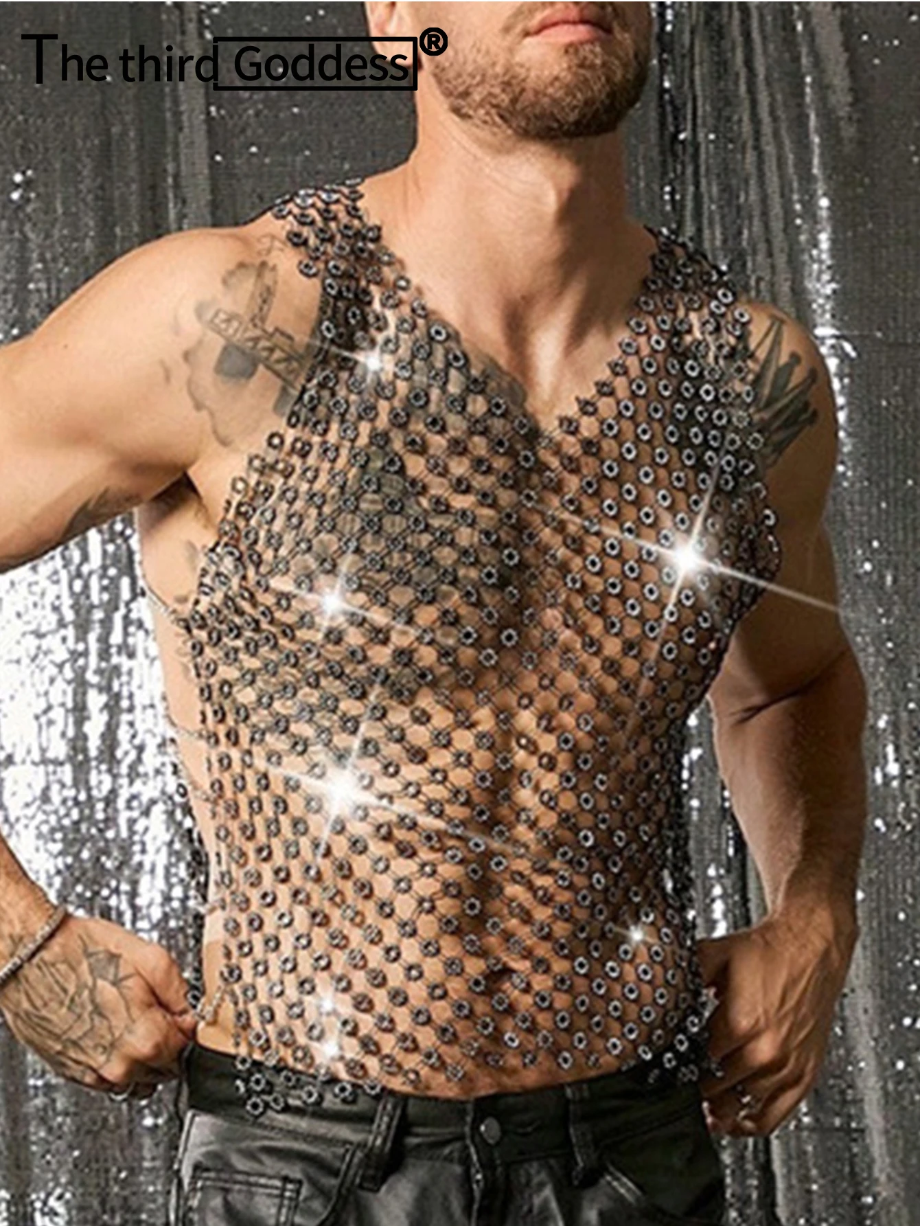 Sexy metal rhinestone tanks top women summer see through fishnet vest night club party tops man y2k clothes fashion streetwear