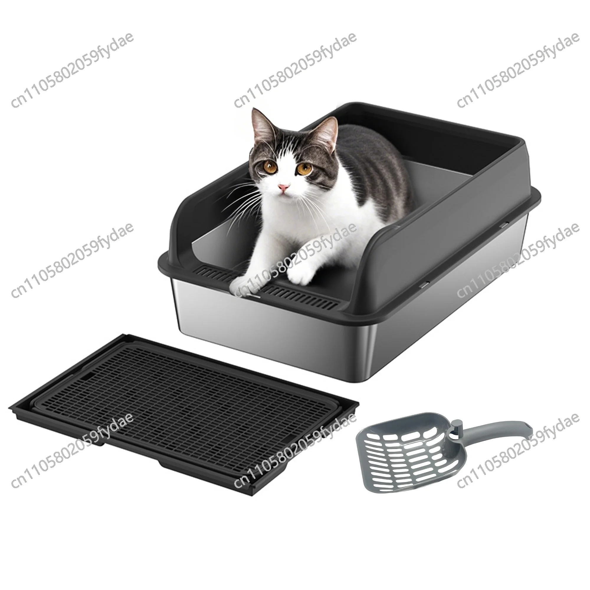 

Stainless Steel Cat Litter Box, Litter Box With High Sided For Big Cats, Double Layer Litter Mat And Scoop Included