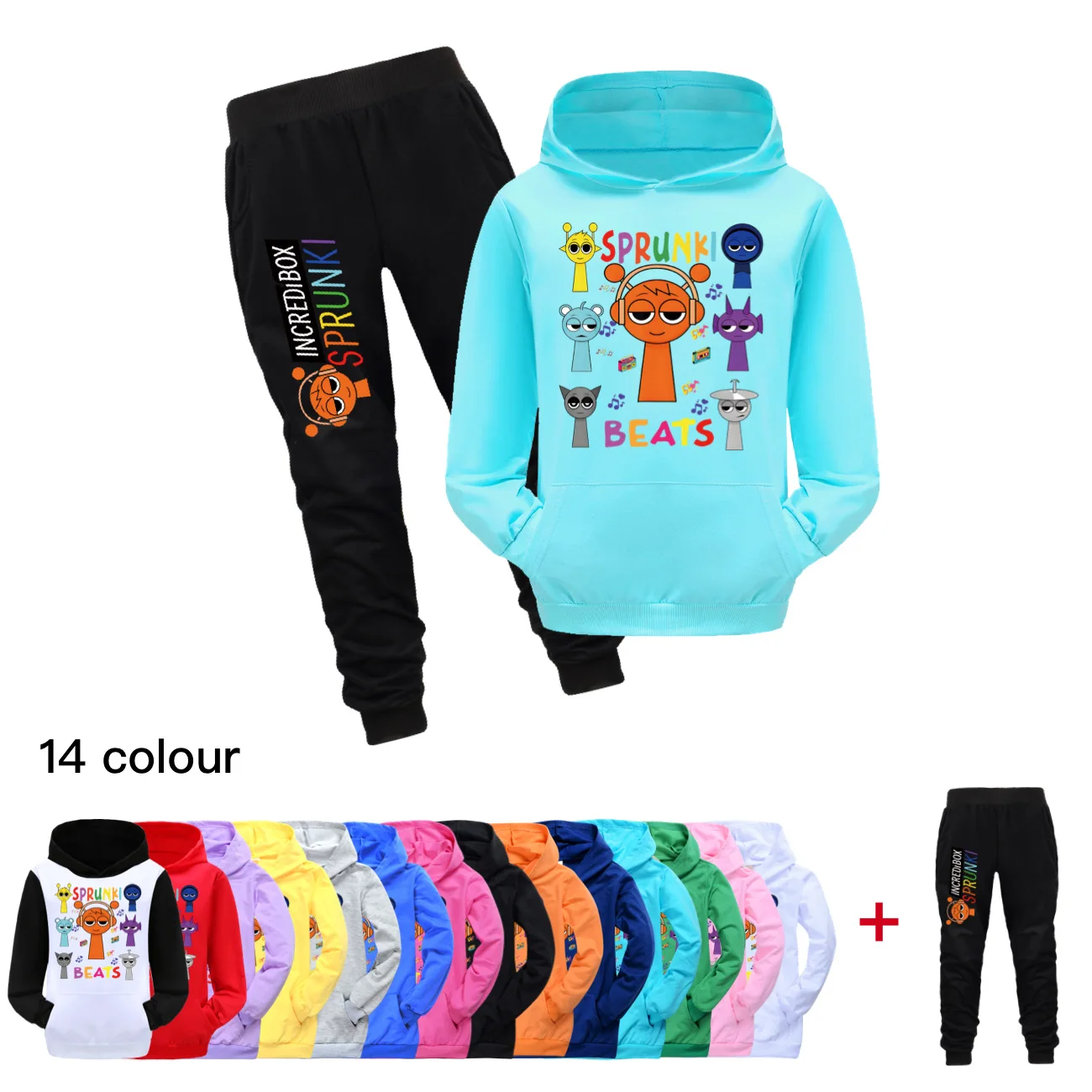 

Толстовка с капюшоном Sprunki, детская весенне-осенняя одежда для игры Incredibox, модные толстовки с карманами для мальчиков, штаны, комплект из 2 предметов, одежда для маленьких девочек